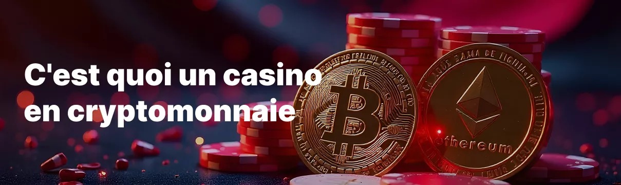 Jetons de casino et pièce Bitcoin avec texte sur les casinos acceptant les cryptomonnaies
