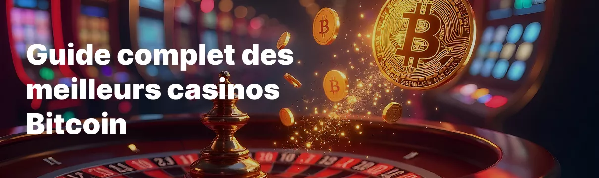 Texte “Guide complet des meilleurs casinos Bitcoin” avec pièces BTC en arrière-plan