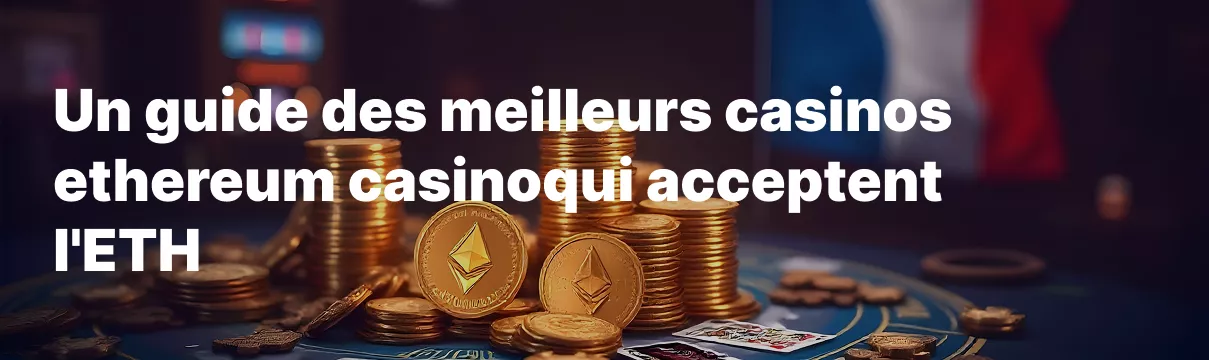 Jetons Ethereum et pièces dorées devant une machine à sous avec texte promotionnel partiellement visible