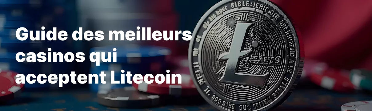 Gros plan d’une pièce Litecoin argentée avec un fond de casino flou contenant du texte