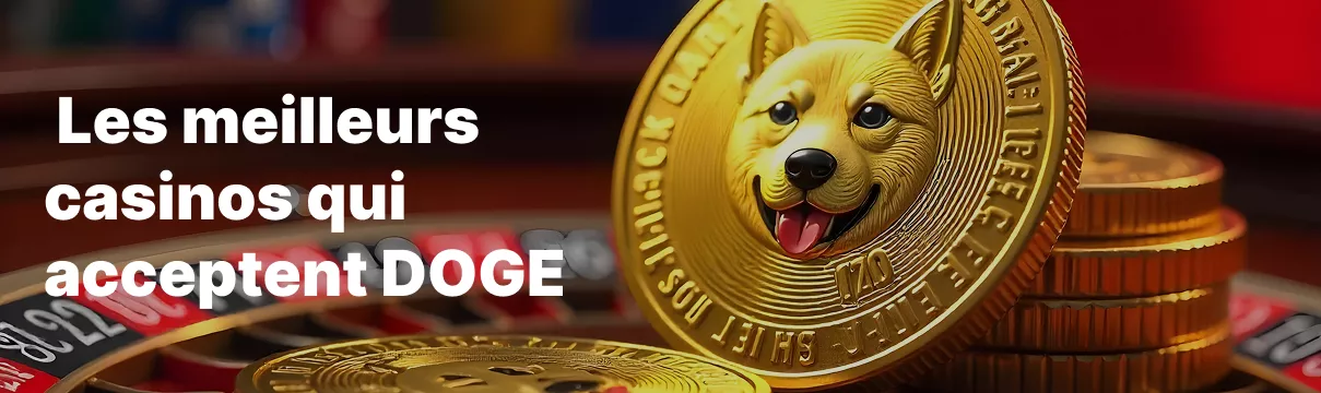 Pièce Dogecoin avec un décor de casino lumineux en arrière-plan