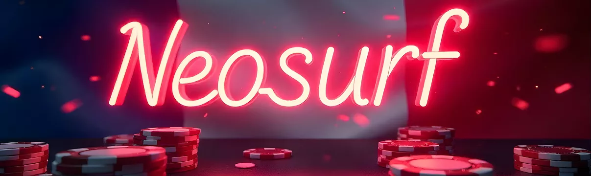 Inscription Neosurf en néon rose avec jetons de casino en arrière-plan