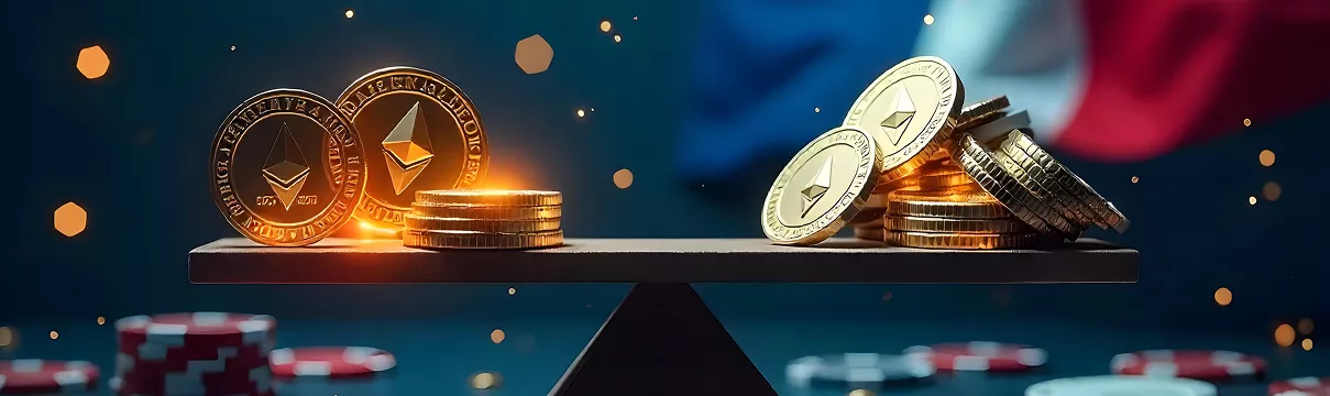 Pièces de cryptomonnaie équilibrées sur une balance symbolisant la sécurité et l’équité des crypto casinos