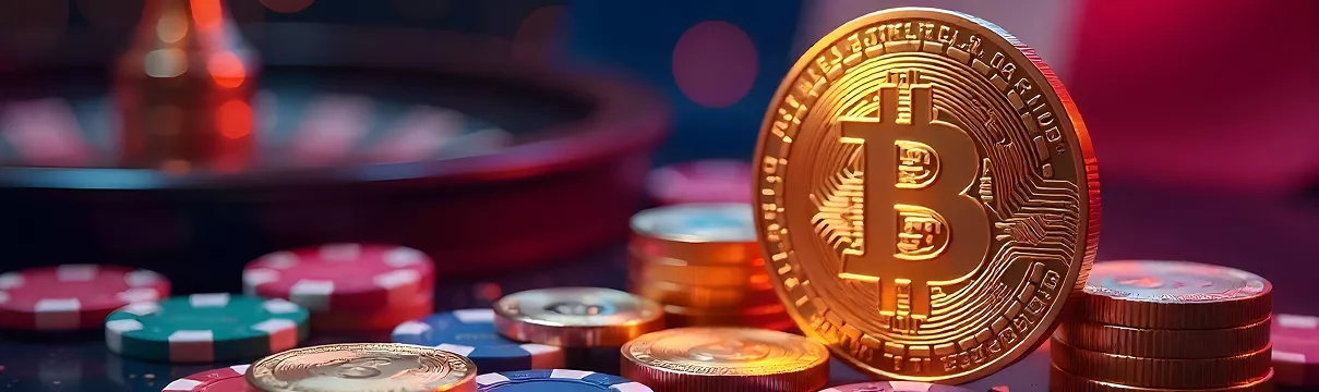 Pièce Bitcoin posée parmi des jetons de poker dans un casino