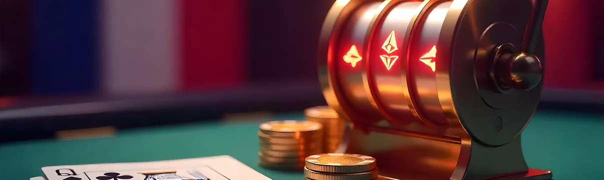 Machine à sous illuminée avec rouleaux affichant des symboles Ethereum et des jetons dorés