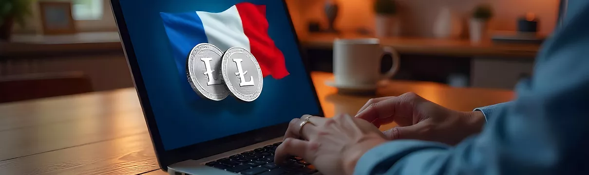 Deux pièces Litecoin en argent positionnées devant un ordinateur affichant le drapeau français