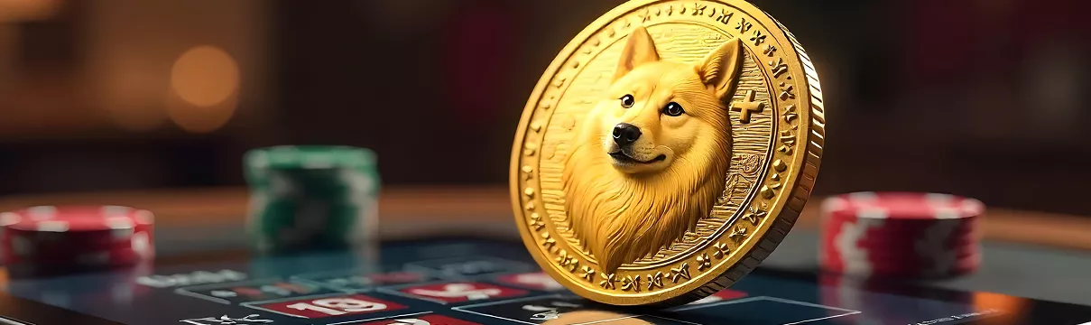 Pièce Dogecoin dorée placée sur une table de casino avec jetons flous derrière