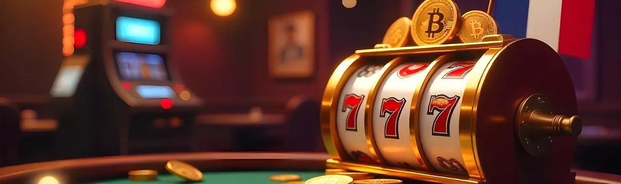Machine à sous affichant 777 avec une pièce Bitcoin brillante posée à proximité