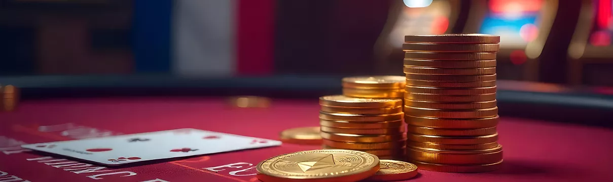 Piles de pièces dorées Ethereum posées à côté de cartes de jeu sur une table de casino