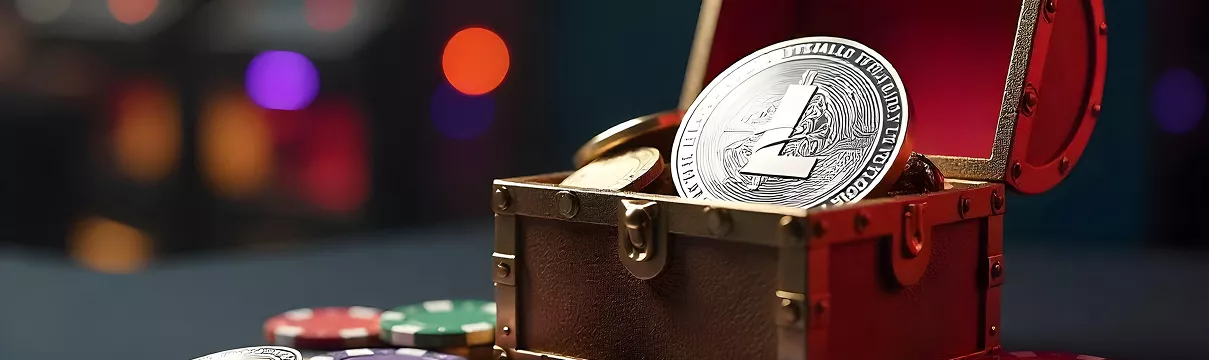 Pièce Litecoin posée sur un coffre entouré de jetons de casino dans une ambiance lumineuse