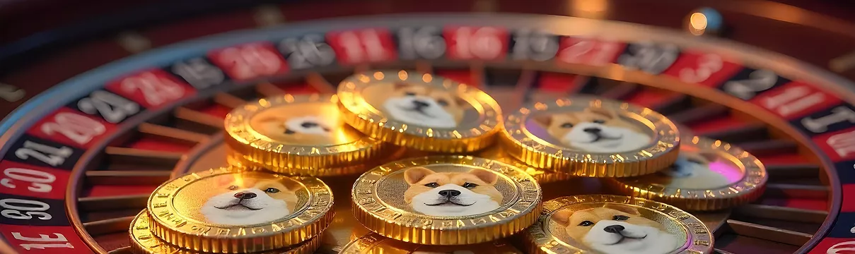 Plusieurs pièces Dogecoin dorées empilées sur une table de roulette
