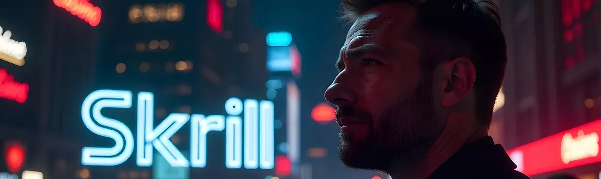 Homme observant un écran lumineux affichant le logo Skrill dans un environnement de casino en ligne