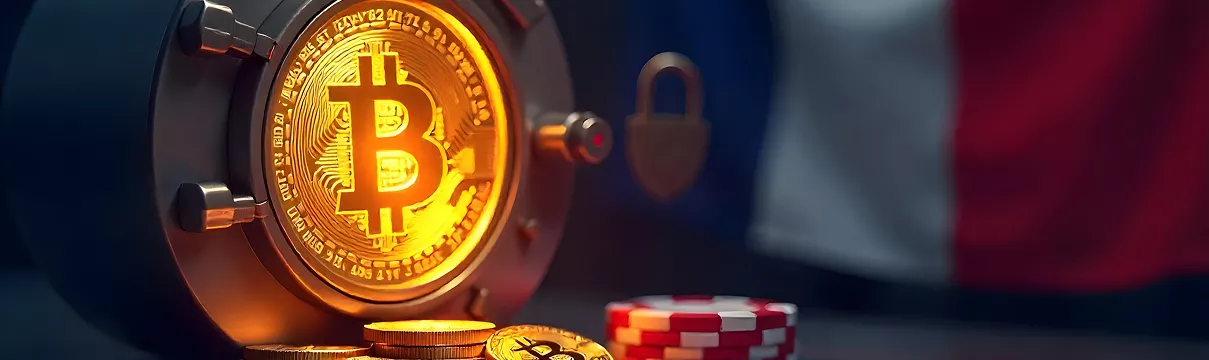 Pièce Bitcoin dorée sur une table de casino avec jetons et lumières en arrière-plan