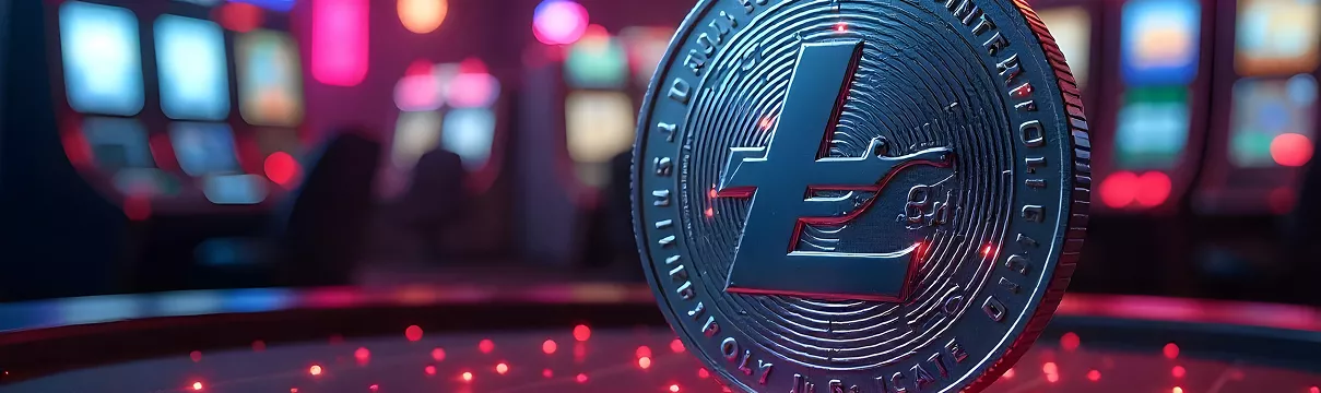 Gros plan sur une pièce Litecoin posée sur une table de casino avec lumières floues en arrière-plan