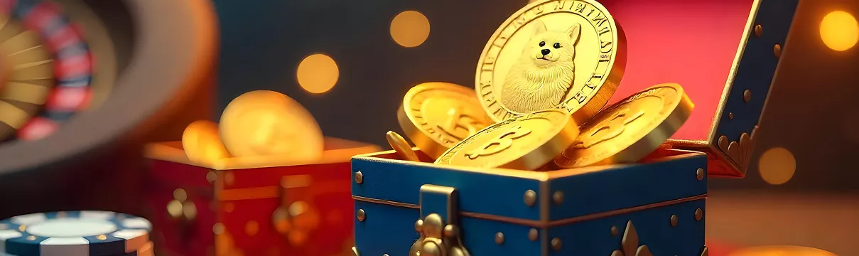 Pièce Dogecoin posée sur un coffre bleu avec des lumières de casino en arrière-plan
